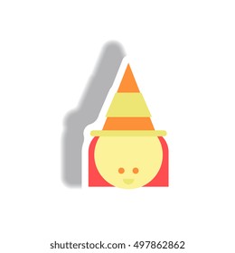 Vector illustration paper sticker Halloween icon kid wearing witch hat