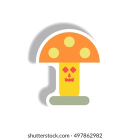 Vector illustration paper sticker Halloween icon mushroom with smiley face