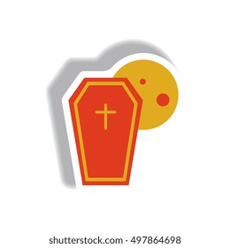 Vector illustration paper sticker Halloween icon coffin and moon