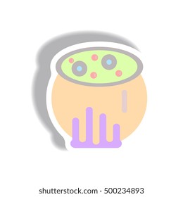 Vector illustration paper sticker Halloween icon Magic kettle with potion
