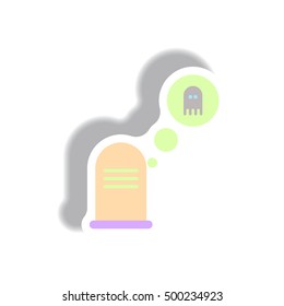 Vector illustration paper sticker Halloween icon grave monument and ghost