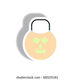 Vector illustration paper sticker. Halloween icon pumpkin face on shopping bag.