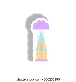 Vector illustration paper sticker. Halloween icon castle and rain.