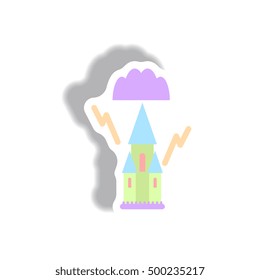 Vector illustration paper sticker. Halloween icon castle and storm.