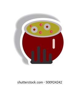 Vector illustration paper sticker Halloween icon Magic kettle with potion