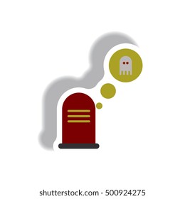 Vector illustration paper sticker Halloween icon grave monument and ghost