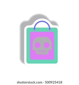 Vector illustration paper sticker Halloween icon skull on shopping bag