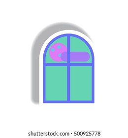 Vector illustration paper sticker Halloween icon cloud and full moon seen from a window