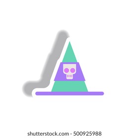 Vector illustration paper sticker Halloween icon witch hat with skull