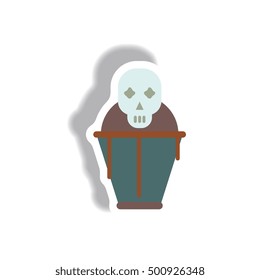Vector illustration paper sticker Halloween icon coffin and skull