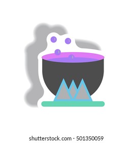 Vector illustration paper sticker Halloween icon Magic kettle with potion