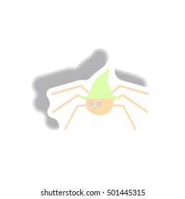 Vector illustration paper sticker Halloween icon spider in witch hat