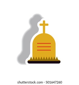Vector illustration paper sticker Halloween icon grave monument with cross