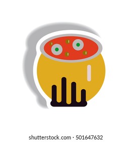 Vector illustration paper sticker Halloween icon Magic kettle with potion