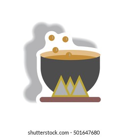 Vector illustration paper sticker Halloween icon Magic kettle with potion