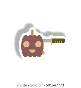 Vector illustration paper sticker Halloween icon bloody pumpkin and knife