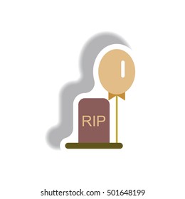 Vector illustration paper sticker Halloween icon grave monument and balloon