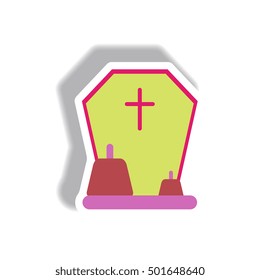 Vector illustration paper sticker Halloween icon grave monument and pumpkins