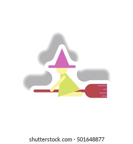 Vector illustration paper sticker Halloween icon witch on broom