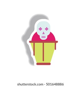 Vector illustration paper sticker Halloween icon coffin and skull