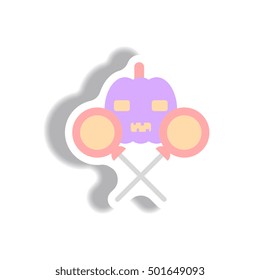 Vector illustration paper sticker Halloween icon pumpkin and candy