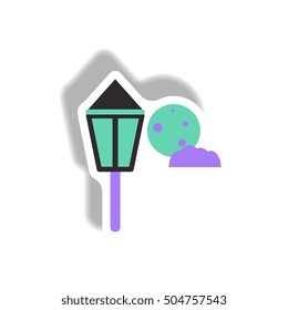 Vector illustration paper sticker Halloween icon Street Light and moon