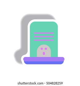 Vector illustration paper sticker Halloween icon grave monument and ghost