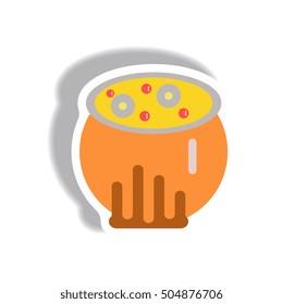 Vector illustration paper sticker Halloween icon Magic kettle with potion