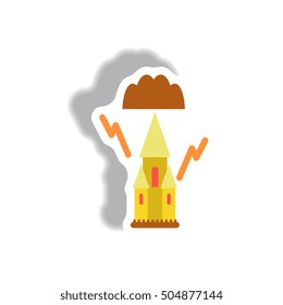 Vector illustration paper sticker Halloween icon castle and storm