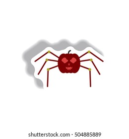 Vector illustration paper sticker Halloween icon spooky pumpkin spider