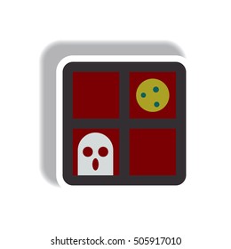 Vector illustration paper sticker Halloween icon ghost and full moon seen from a window