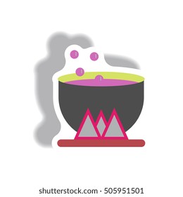 Vector illustration paper sticker Halloween icon Magic kettle with potion