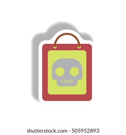 Vector illustration paper sticker Halloween icon skull on shopping bag