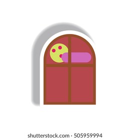 Vector illustration paper sticker Halloween icon cloud and full moon seen from a window