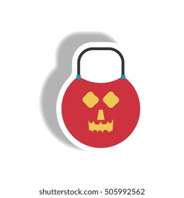 Vector illustration paper sticker Halloween icon pumpkin face on shopping bag