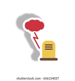 Vector illustration paper sticker Halloween icon grave monument and lightning cloud