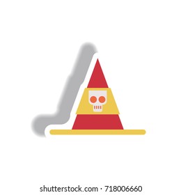 Vector illustration paper sticker Halloween icon witch hat with skull