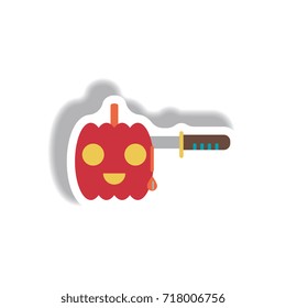 Vector illustration paper sticker Halloween icon bloody pumpkin and knife