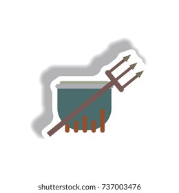 Vector illustration paper sticker Halloween icon Magic kettle and trident