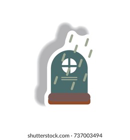 Vector illustration paper sticker Halloween icon grave monument and rain