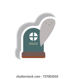 Vector illustration paper sticker Halloween icon grave monument and ghost