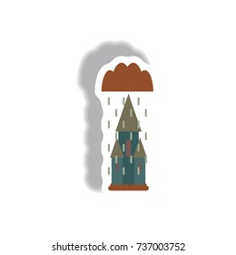 Vector illustration paper sticker Halloween icon castle and rain