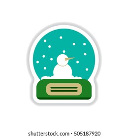 Vector illustration in paper sticker style Merry christmas glass ball with snowman