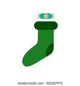 Vector illustration in paper sticker style Christmas socks with candy