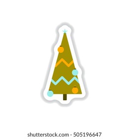 Vector illustration in paper sticker style christmas tree decorated with balls