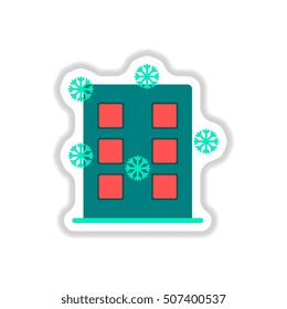 Vector illustration in paper sticker style building and snow