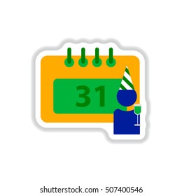 Vector illustration in paper sticker style christmas calendar 31st of december and man silhouette with wine glass