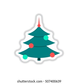 Vector illustration in paper sticker style christmas tree decorated with balls