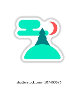 Vector illustration in paper sticker style christmas tree on hill