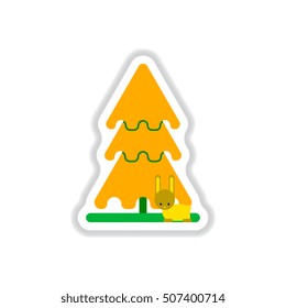 Vector illustration in paper sticker style christmas tree and rabbit